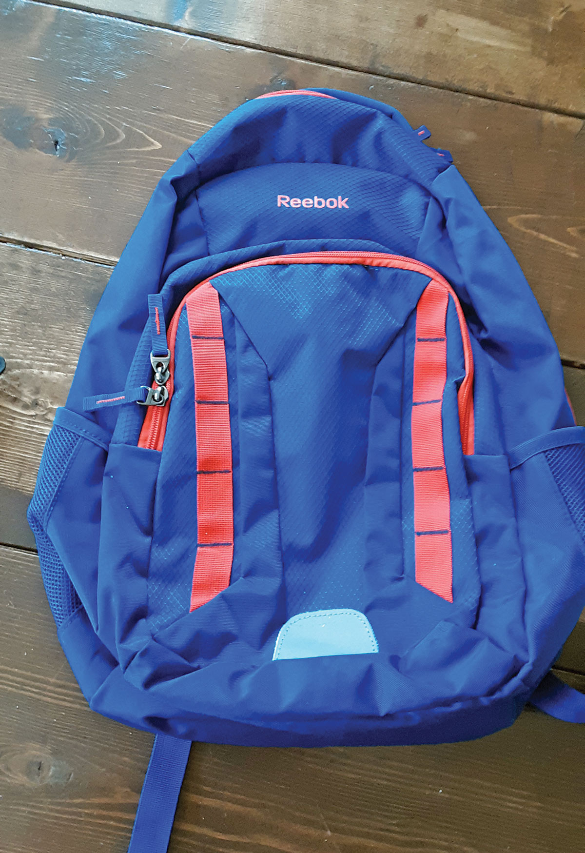 blue backpack with red design