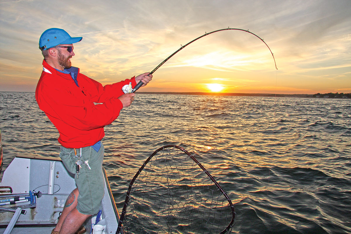 Man standing on the boat holding a fishing rod with the sun as the background