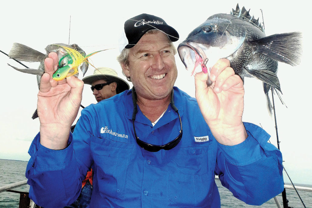 Jim Hutchinson with a double-header on black sea bass using tandem Spro bucktails as jigs