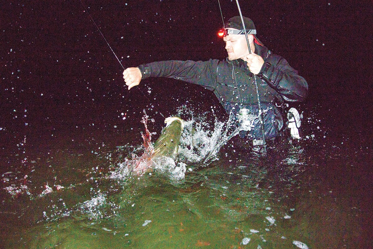 Man on waist level water holding a fishing line with a fish attached to the hook