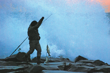 man holding a line with fish at the end on top of rocks