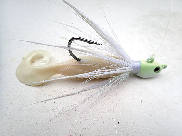 white bait with head, strings, and hook