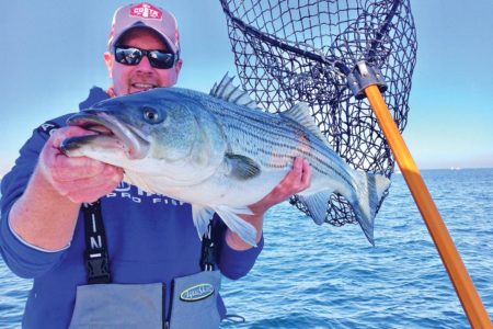 Man showing his fish along the striper coast