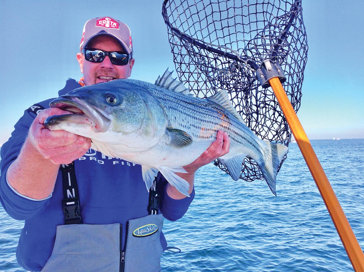 Man showing his fish along the striper coast 