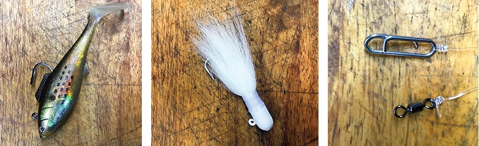 Basic tools of the trade include Tsunami Swim Shad, Bucktail