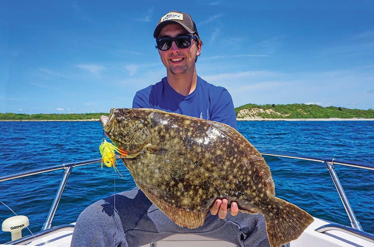 This quality fluke caught by Owen Roberge on a JoeBaggs Flukie has the telltale coloration of a fish that has been staging on pebbly bottom.