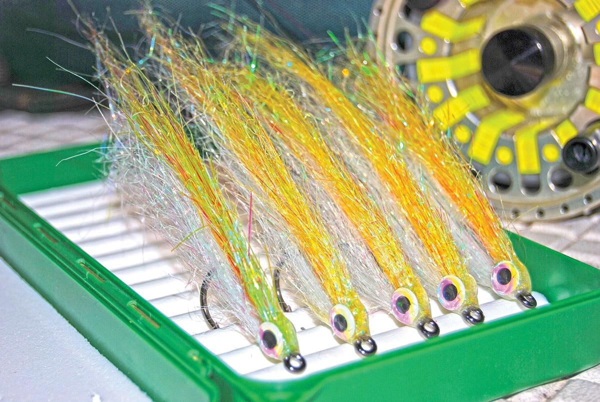 Bright and flashy flies like Skok’s mushmouths are favorites when targeting mahi