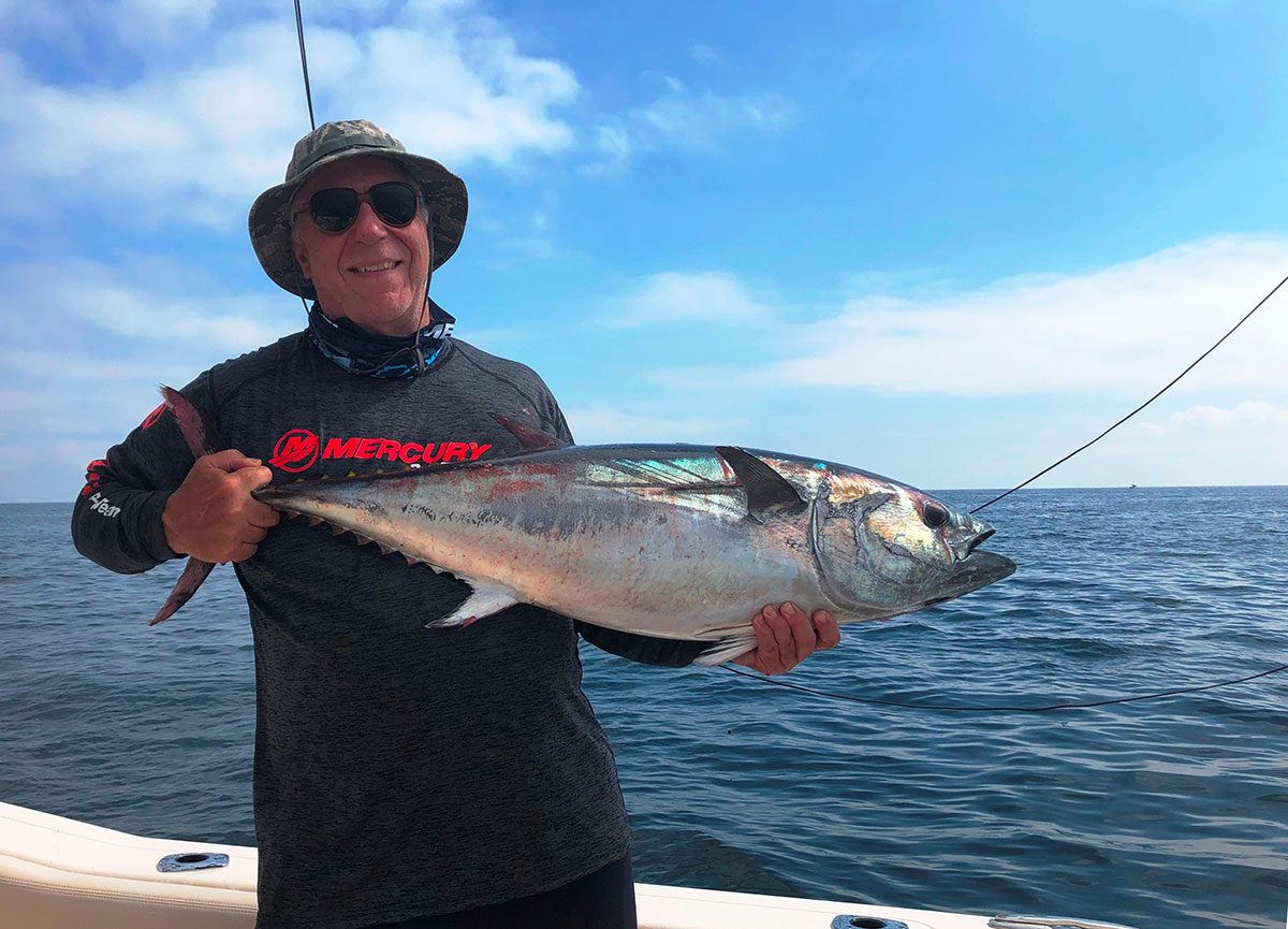 The author jigged up this 50-pound bluefin well inshore of the Edge.