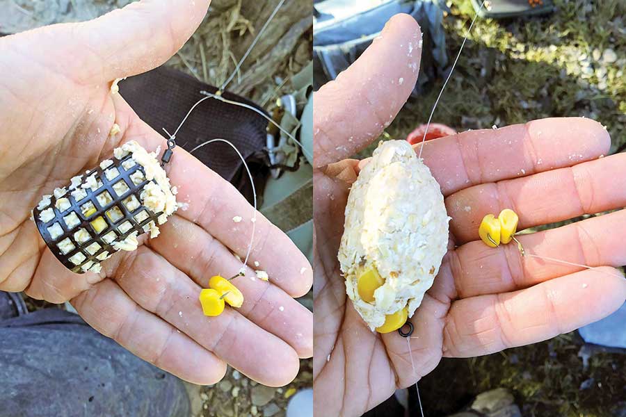 Whether you use a cage feeder (left) or simply wrap chum around your sinker (right), adding extra scent and chum to the water is extremely effective in the winter, especially-so in a slow-moving river.