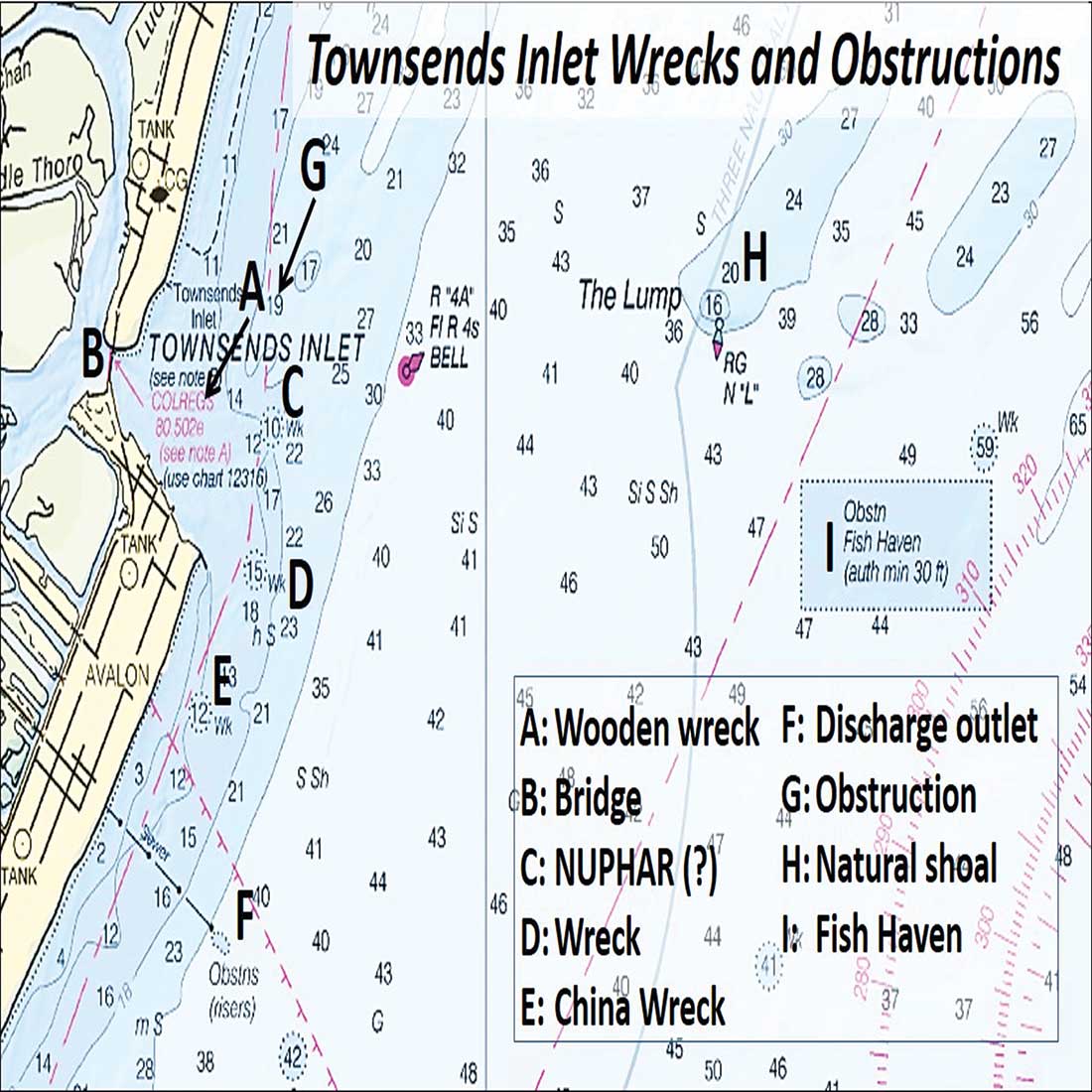 The author’s submitted image, Townsends Inlet Wrecks and Obstructions, shows the locations of many of the pieces referenced in the article.