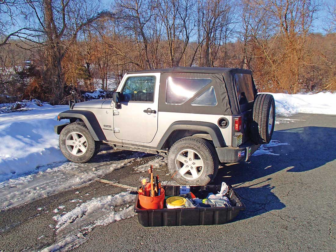 A “sled” or heavy-duty plastic container (rounded bottom edges preferably) will allow you to slide your gear out to your ice fishing destination.