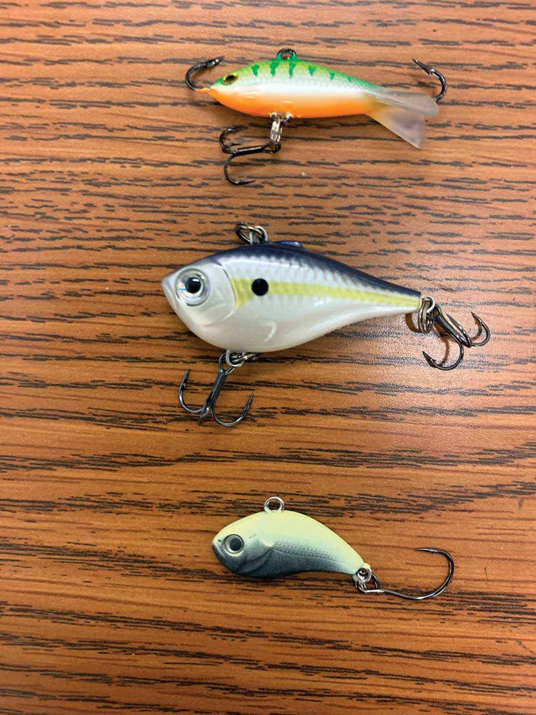 Hard baits like the Rapala Jigging Shad Rap (top), Rapala Rippin’ Rap (middle) and Eurotackle Z-Viber (bottom) make great late-winter baits for oversized panfish.